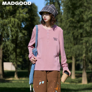 Madgood Basic Long Sleeve Henry Collar T-Shirt Colorful Five Claw Buckle Construction Site Spring Autumn Casual Fashion Womens Top