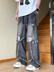กางเกงยีนส์ขาดๆ สไตล์ฮิปฮอป สไตล์วินเทจ กางเกงขายาวทรงหลวมๆ ผ้าเดนิม ทรงหลวมๆ สำหรับผู้ชาย กางเกงยีนส์ทรงหลวมๆ ทรงหลวมๆ