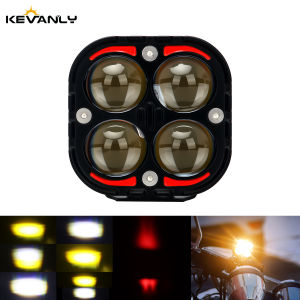 KEVANLY | 4 Lens Motorcycle LED Demon Eyes Spotlight White Yellow Flashing Headlight Fog Light Aluminum Universal Driving Light