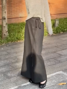 Gray Floor-Length A-Line Midi Skirt Womens Fashion High Waist Draping Autumn New Loose Hip Covering Back Split Skirts