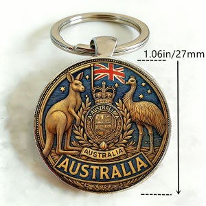 1pc Vintage Round Australia Keychain Round Australian Flag Kangaroo Design Key Chain Glass Dome Metal Keyring Travel Souvenir