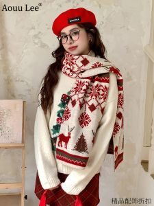 Korean Style Knitted Scarf Womens Winter Thick Warm Versatile Student Neck Warmer Floral Pattern Long Rectangle Shape Scarf