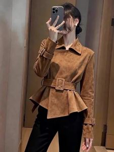 QFN | Vintage Commute Style Turn-down Collar Khaki Coat Female Autumn Fashionable
