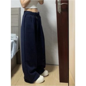 กางเกงกีฬาขายาวเอวสูงผู้หญิงฤดูใบไม้ร่วง/ฤดูหนาว กางเกงขายาวทรงตรงผ้าขนแกะ กางเกงขายาวทรงหลวมสบาย ๆ ผ้าฝ้ายผสมโพลีเอสเตอร์