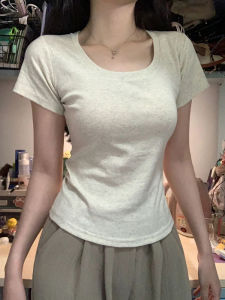 Gray Tight Fit Short Sleeve T-Shirt Womens Summer New Style Base Layer Shirt Short Style round Neck Slimming Top Casual Wear