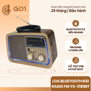 Đài Radio FM Bluetooth YS-3188BT gỗ cổ điển với Bluetooth 5.0 tiêu chuẩn pin dự phòng lớn và hỗ trợ USB vật thể nhỏ