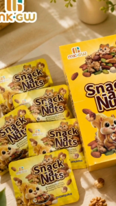 Mixed Nuts Snack 15g - Healthy Trail Mix Protein Snack Energy Booster Ready-to-Eat. Yellow packaging with cartoon squirrel tropical beach scene coconuts beach umbrella.