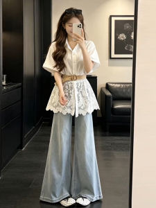 SUSIEYUAN | French Lace Short-sleeve Fitted Shirt