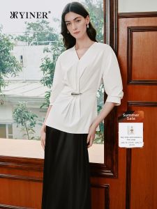 Elegant French Style Commute Suitable Pleated Slim V-Neck Shirt Top