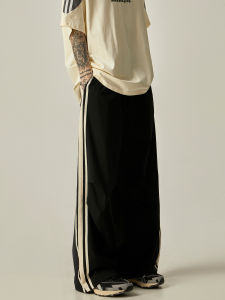 ISIETS American Retro Mens Loose Wide Leg Casual Pants Quick Dry Stripe Drapey Lazy Style Summer Paratrooper Loose Fit Trousers