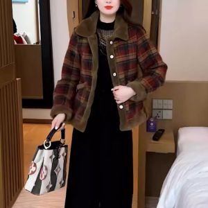 HUAXUNRAN | Áo Khoác Lông Cừu Thời Trang Trẻ Trung Cổ Bẻ