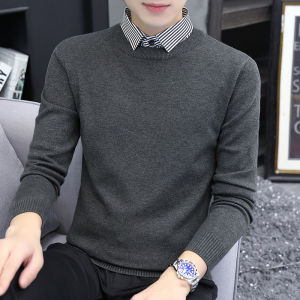 Trendy Mens Knitted Sweater Fake Two-Piece Shirt Collar Autumn New Style Personality Korean Version Casual Long Sleeve Sweatshirt
