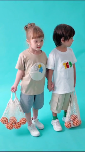 Good Mood by bsc เสื้อยืดคอกลม แขนสั้น สีเบจ + PATCHES ลายผลไม้ 6 ชิ้น สำหรับเด็กอายุ 2-9 ปี ผ้าคอตตอน