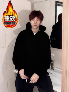 เสื้อฮู้ดผ้าขนแกะสีดำ ทรงหลวม ทรงหลวม ฤดูใบไม้ร่วง/ฤดูหนาว เสื้อคลุมกันหนาวแบบสวมหัว ผ้าฝ้ายผสม ไม่ซักได้ Cleanfit