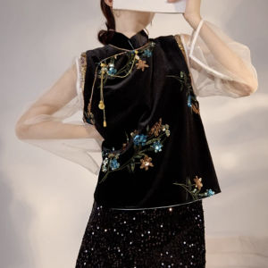 New Chinese Style Retro Black Button-Up Vest Womens Sleeveless Embroidered Floral Heavy Embroidery No Brand Commute Wear