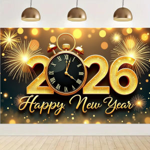 2026 Happy New Year Banner Sparkling Design Clock Decoration New Year Celebration Banner for New Year Party