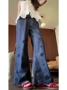 กางเกงยีนส์ทรงหลวมเอวสูงผ้าฝ้ายลินินปักลายบางฤดูร้อนสำหรับผู้หญิงไซส์ใหญ่ กางเกงขายาวทรงหลวมสำหรับผู้หญิงรูปริบบิ้น