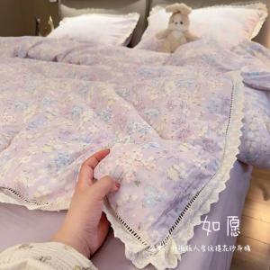 A-Class Cotton Lace Trim Double Layered Four Piece Bedding Set for Teen Girls Fresh Floral Print Soft Pure Cotton Bedding