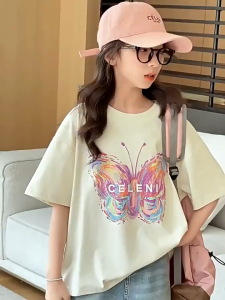 เสื้อลูกสาว เสื้อยืดเด็กผู้หญิง การออกแบบโบว์ เวอร์ชั่นเกาหลี แฟชั่น ระบายอากาศได้สะดวกสบาย สีเบจ ขนาด 130-160cm