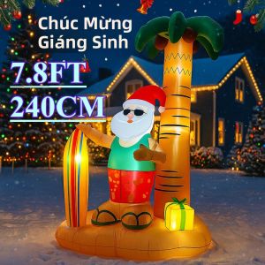 7.8FT Đồ Trang Trí Sân Vườn Bơm Hơi Giáng Sinh Phong Cách Bãi Biển Ông Già Noel Trên Ván Lướt Sóng Với Cây Cọ LED - Đèn Trang Trí Giáng Sinh Ngoài Trời