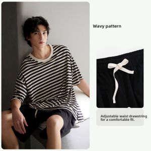 yuenei | Mens Summer Sleepwear Pure Cotton Casual Short Sleeve Hoodie Home Clothes Thin Summer Round Neck Set Stripe Leisure