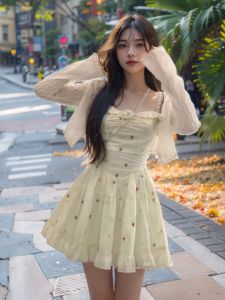 ชุดเดรสแขนกุดลายดอกไม้สไตล์หวานและนุ่มสำหรับผู้หญิงในฤดูใบไม้ร่วง เดรสทรงเอเอวสูง กระโปรงสั้น แขนสั้น คอวี ชุดเดรสสไตล์ญี่ปุ่น