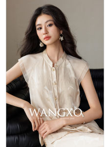 WANGXO Heaven Silk Linen Fabric Heavy Duty Satin Blouse Special Embroidery Womens Fashion Two-Piece Set Button Up Stand Collar