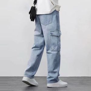 Celana Cargo Jeans Sandwash Pria Highwaist Panjang Kulot Cargo Jeans