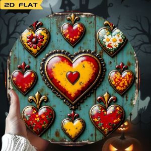 CIFbuy | Talavera Style Wall Decor - Turquoise Blue & Gold Heart Floral Metal Sign 7.79" Round Aluminum Art Plate Spanish Colonial Home