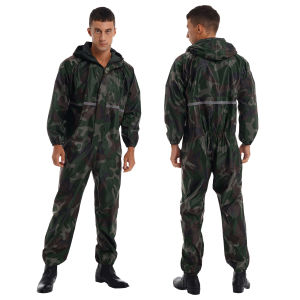 Adult Waterproof Hooded Raincoat Long Sleeve Zipper Reflective Strip Jumpsuit Rainy Day Fishing Camping Hiking Rain Jacket