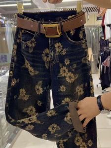 Retro Print Straight Leg Jeans Women Loose Anti-Aging Harlan Pants Slimming Nine-Piece Trendy High Waist Denim Spring New Arrival