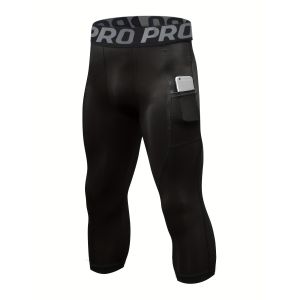 Mens Compression Pants 3/4 Capri Running Leggings Cool Dry Workout Athletic Gym Tights Bottom with Pockets