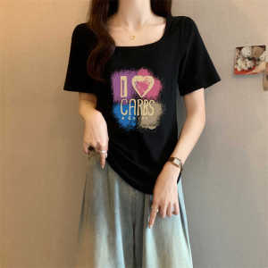 Plus Size Ladies Plus Size Womens Clothing Slim Looking Letter Print Short-Sleeve Shoulder Square Neck T-shirt Womens Summer New Arrival Belly-Covering Coat