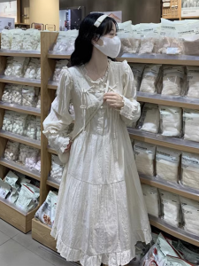 New Chinese Style White Dress Womens Spring Autumn 2025 New Small Design High Sense Inner Long Dress Buttoned Skirt Dress