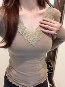 LUOFEN | Low V-Neck Tight Long Sleeve T-Shirt for Women Autumn Winter