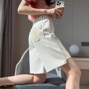 WANGGONGZHU | High Waist Slimming Embroidered Denim Shorts Women Summer New Straight Loose Casual Wide Leg Pants Split Princess Style