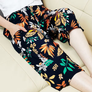 Summer Womens Cotton Silk Home Sleep Pants Loose Elastic Waist Printed Seven-Foot Thin Breathable Artificial Cotton Can Be Worn outside Wide Leg Pants