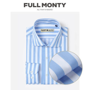 เสื้อเชิ้ตผู้ชายคอวันส์ทรงหลวมสีฟ้าลายทางแขนยาวผ้าฝ้ายแท้สีบล็อกสำหรับใส่ไปทำงาน เสื้อเชิ้ตผู้ชายทรงหลวมสบายๆ