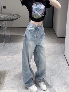 Quần Jeans Ống Thẳng Thêu Mickey Cạp Cao Quần Ống Rộng Mùa Xuân Thu Quần Jeans Nữ Kiểu Dáng Rộng Thoải Mái Thường Ngày