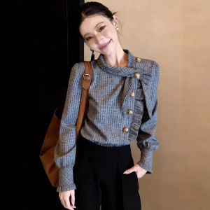 XUECAIQI | French Vintage Plaid Womens Shirt