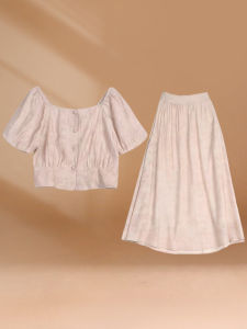 ชุดกระโปรงสั้นแขนพองแฟชั่นฤดูร้อนสำหรับผู้หญิง ชุดสองชิ้น แขนสั้น คอตั้ง กระดุม สไตล์เกาหลี ชุดทำงานลำลอง