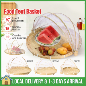 Food Service Tent Basket Hand-Woven Basket Basket Vegetable Fruits Bread Food Dust-Proof Insect-Proof Round Picnic Basket With Mesh Cover