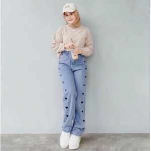 Kulot Jeans Love Jumbo Denim Matt Jeans Twill Tebal Super Premium/Kulot Jeans Love Highwaist