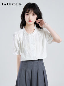 La Chapelle Womens Fashion Shirt Collared Patchwork Breathable Korean Style Straight Cut Short Sleeve V-neck Top
