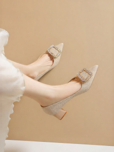 Josiny | Block Heel Peep Toe Pointed Toe Square Buckle Wedding High Heels