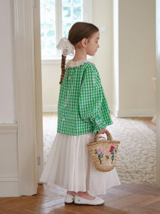 Sweet Style Girls Plaid Doll Shirt Baby Trendy Spring New Loose Fit Long Sleeve Floral Trim Collar Baby Clothes Children Tshirt