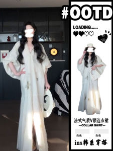 ชุดเดรสคอวีแขนยาวผู้หญิงฤดูร้อน 2025 ชุดเดรสยาวลายหมึกใหม่สไตล์จีนใหม่ ชุดเดรสยาวสำหรับวันหยุดที่ชายหาด