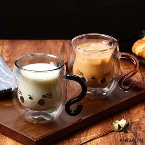 8.45/6.76oz แมวน่ารักถ้วยแก้ว Double-Walled ทนความร้อนแก้วกาแฟนมสําหรับใช้ในบ้านฤดูร้อนฤดูหนาว Drinkware ของขวัญถ้วยน้ํา