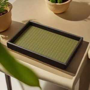 Luxurious Accessories Organizer Tray Leather & Wood Bamboo Green