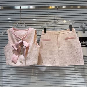 Summer 2025 Fashionable Womens Tweed Vest And Skirt Set with Bow Tie Thick Tweed Butterfly Knot Half-length Skirt Ensemble